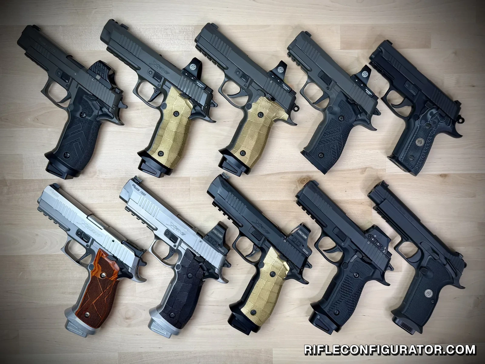 Ten SIG P226-family pistols laid out in two rows on a light wood bench, including black Legion-series guns with G10 grips, X-Five models with brass grip panels and red dots, and stainless X-Five and X-Short competition pistols