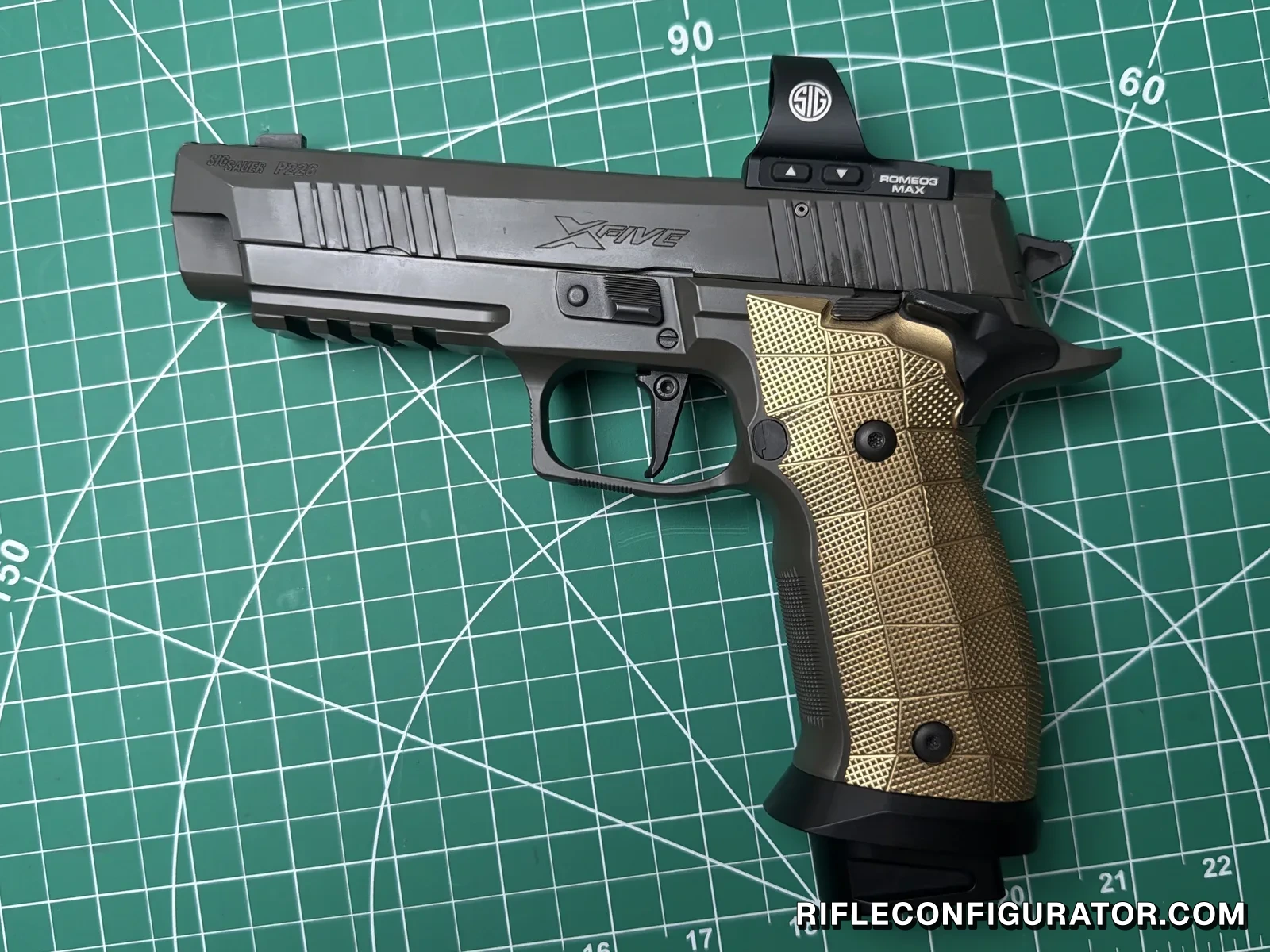 SIG P226 XFive Legion in left profile fitted with LOK GridLOK brass grip panels, a Cascade Range Systems Comp Magwell with an extended Comp Basepad, and a SIG ROMEO3 MAX red dot