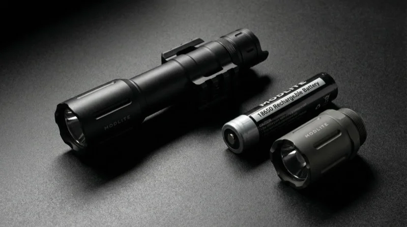 Modlite PLHv2 18650 weapon light with spare OKW head and 18650 battery in dark studio setting