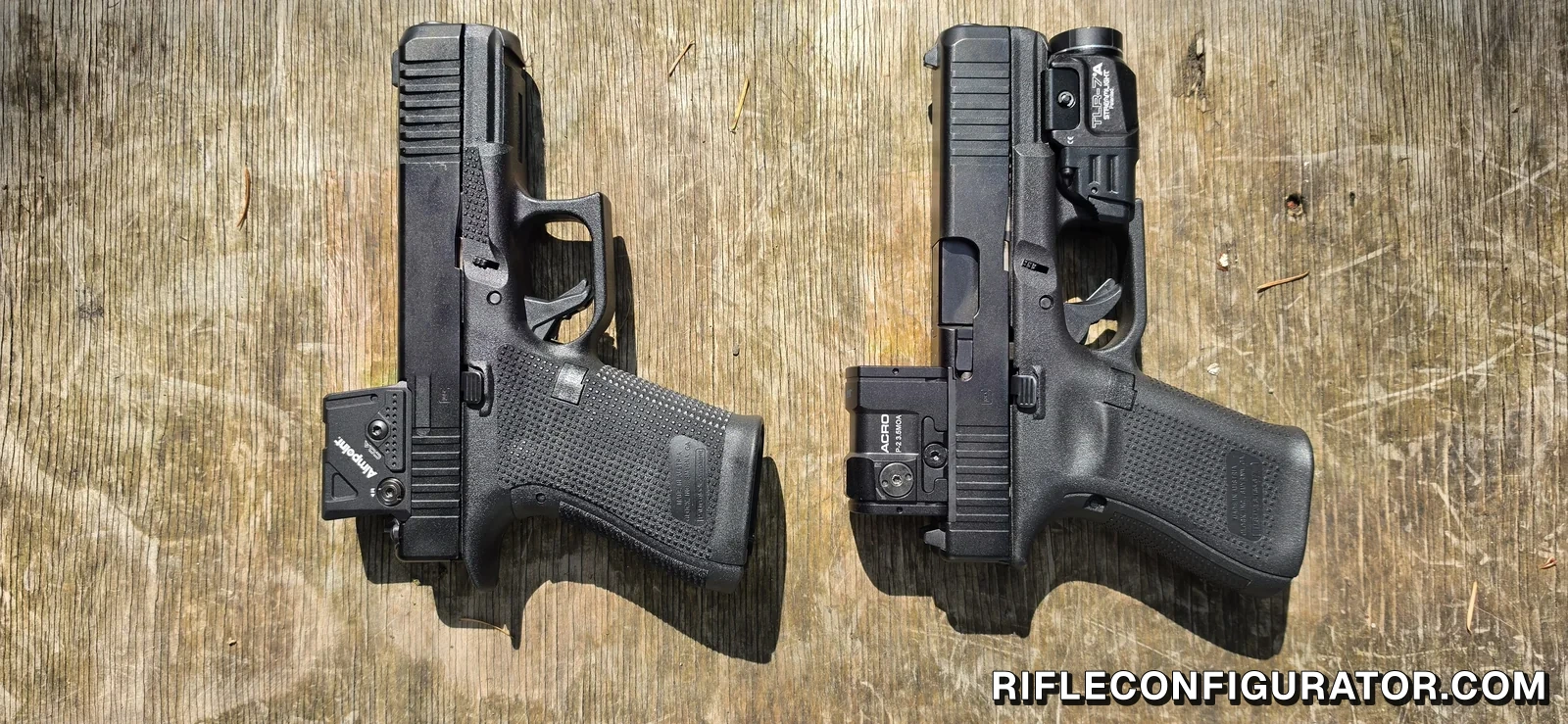 A Glock 19 Gen6 and a Glock 19 Gen5 laid parallel on a wooden bench and photographed from directly above, at the same scale, showing that the two frames share the same outline