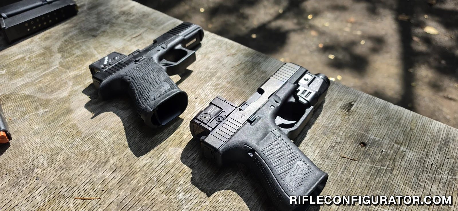 A Glock 19 Gen6 and a Glock 19 Gen5 on a wooden bench with loaded double-stack 9mm Glock magazines beside them