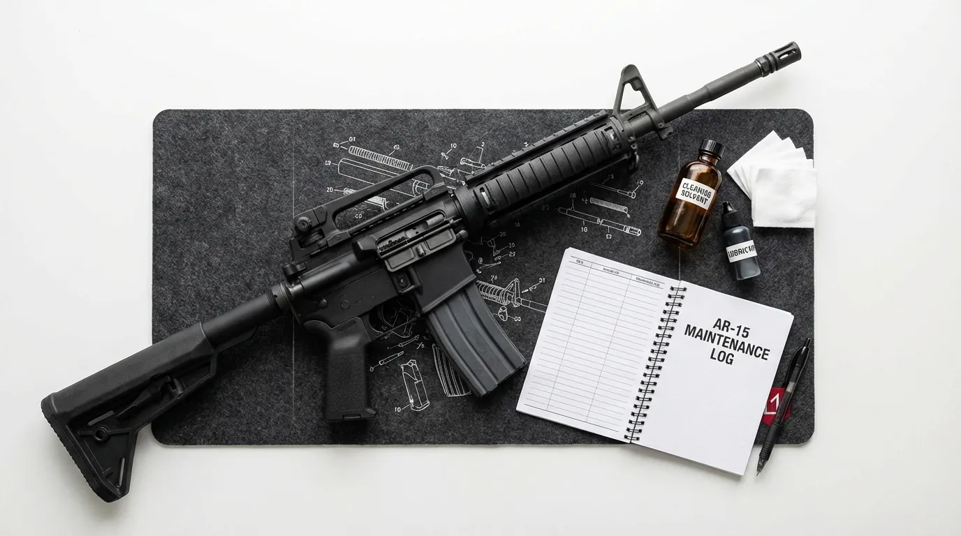 AR-15 bolt carrier group with cleaning supplies and maintenance tools laid out on bench