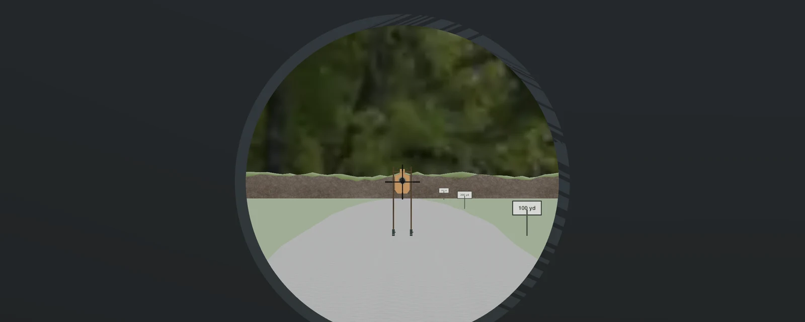 Through-optic view of the range simulator at 6x with a five-shot group centered on the A zone of a USPSA cardboard target at 100 yards