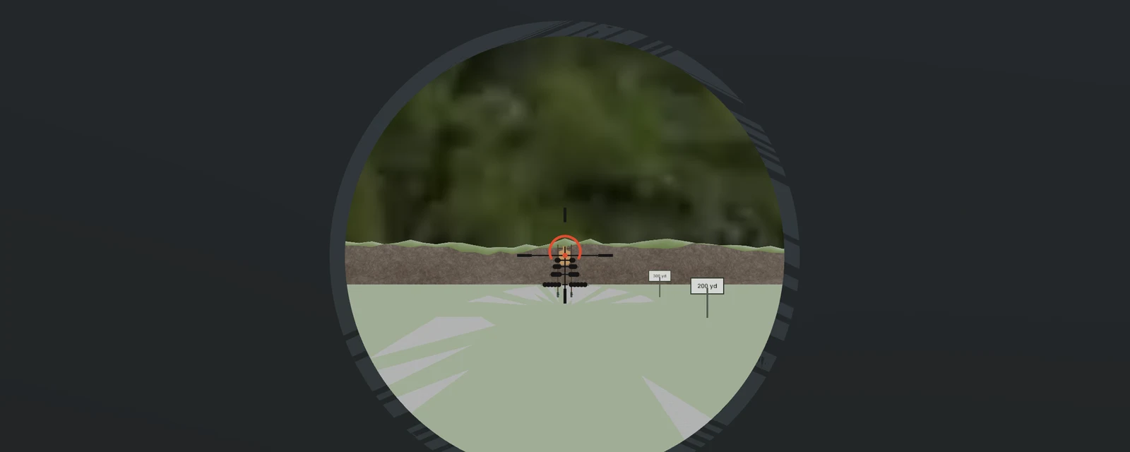 Through-optic view of the range simulator showing the Vortex AR-BDC3 reticle at 6x over a USPSA target at 300 yards