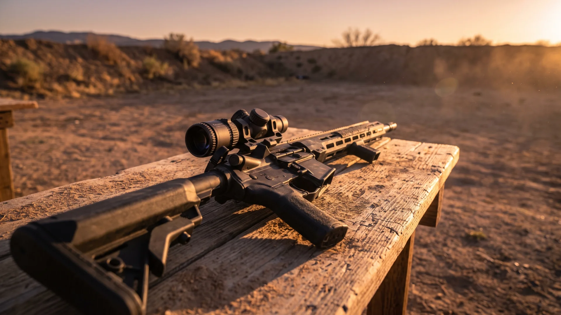 Low-power variable optic mounted on an AR-15 on a shooting bench at dusk