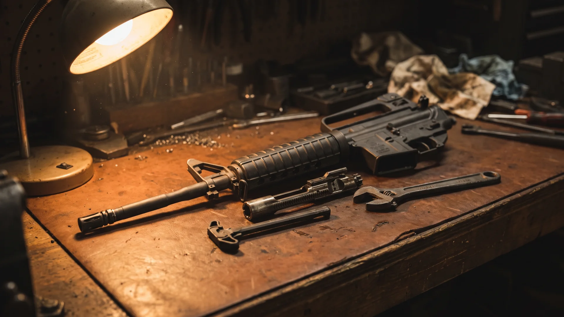 Partially disassembled AR-15 upper receiver on a gunsmith workbench under lamp light