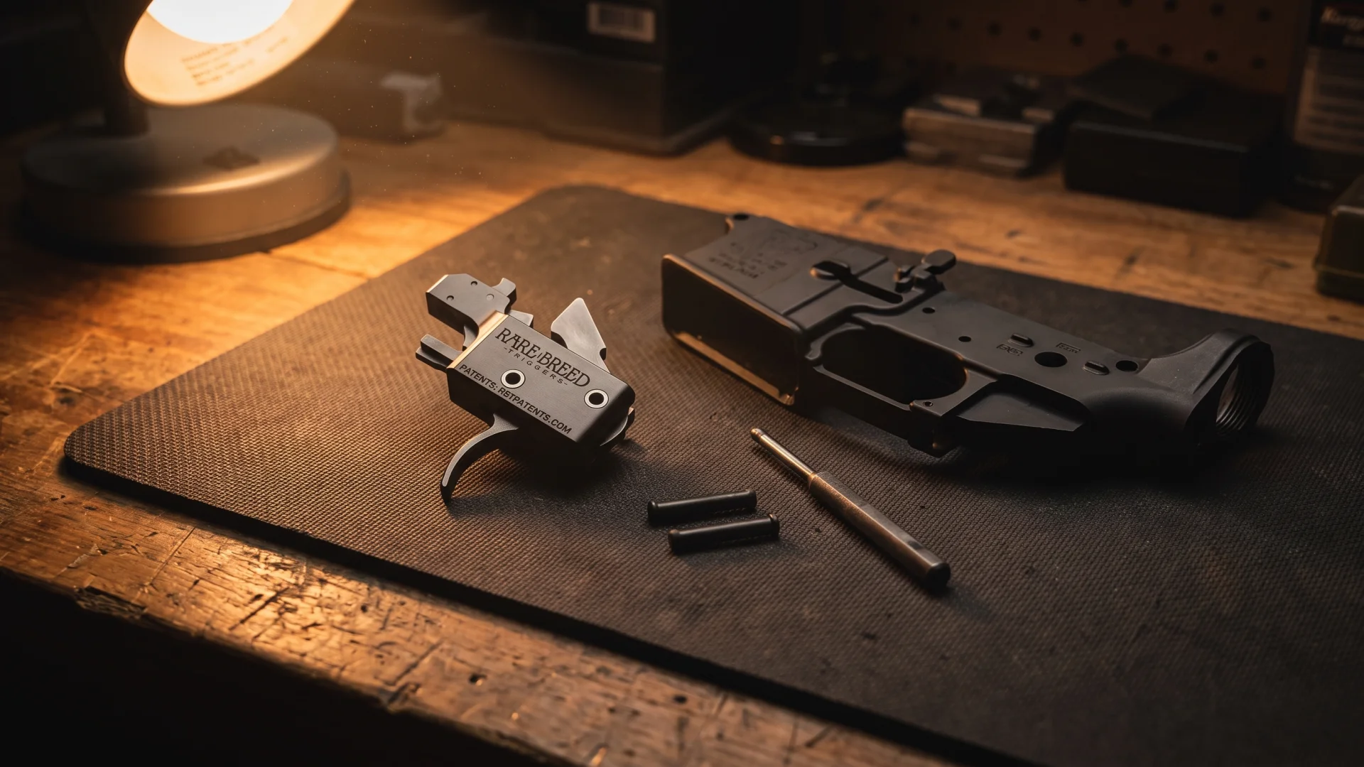 Rare Breed FRT-15L3 trigger cassette and stripped AR-15 lower receiver lying on an armorer's mat under lamp light