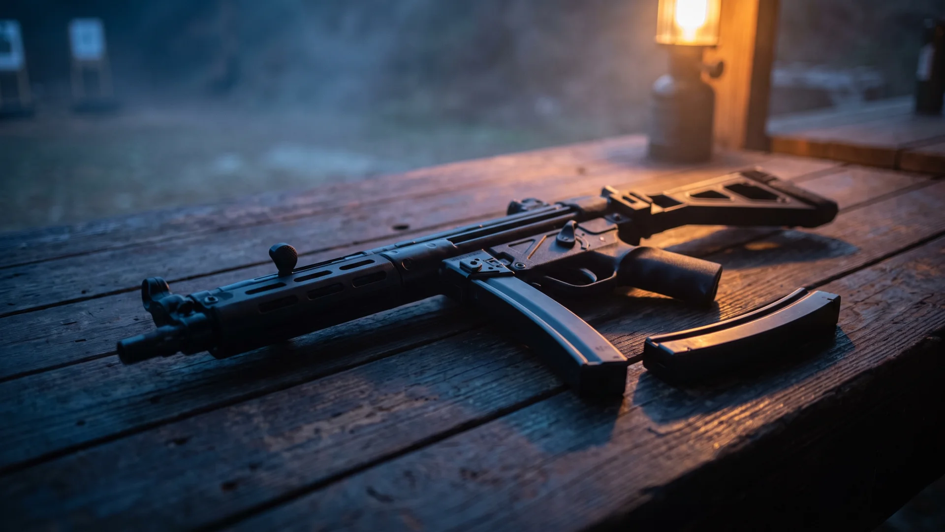 MP5-pattern 9mm carbine with folded brace and curved magazines on a range table at dusk