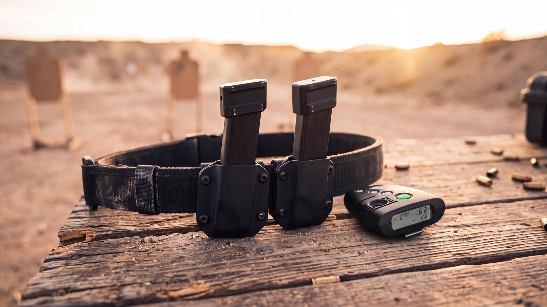 Competition belt with extended pistol magazines in kydex pouches and a shot timer on a range bench at golden hour