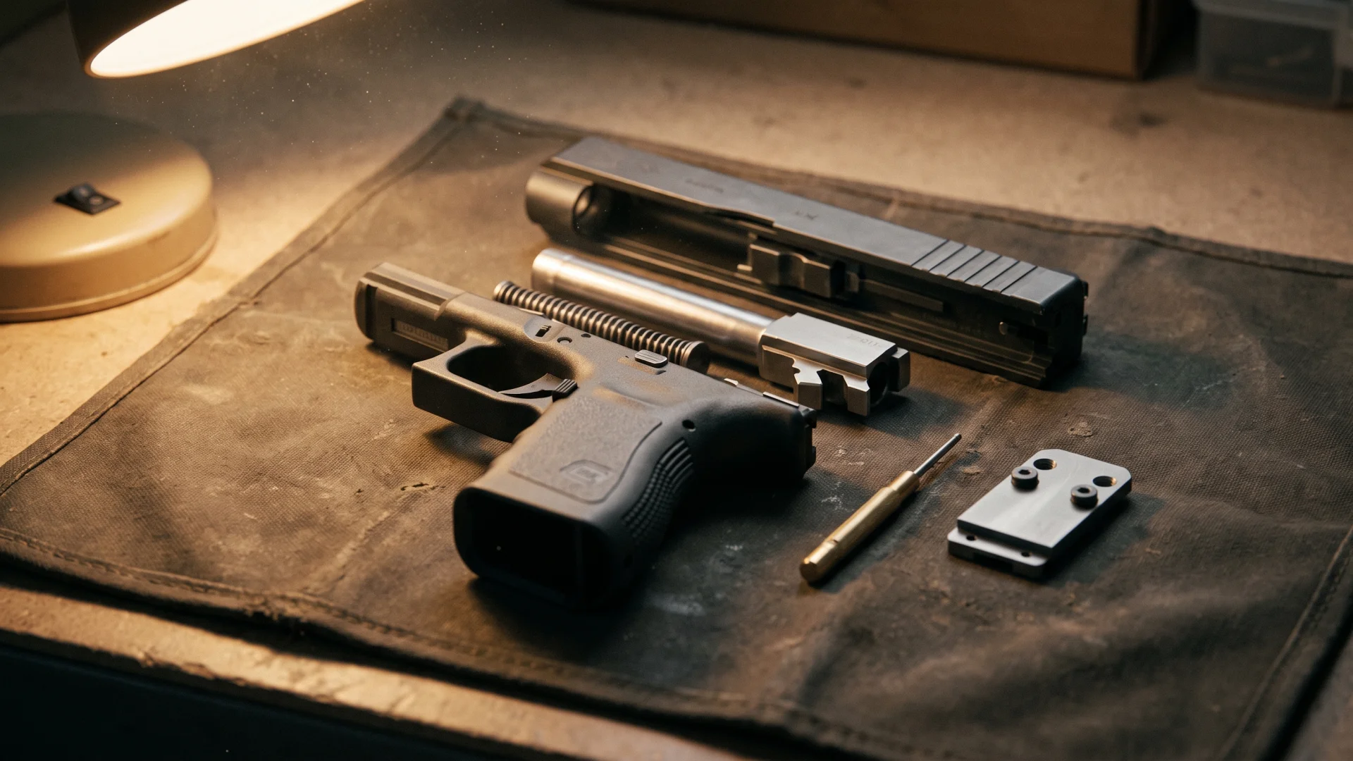 Field-stripped striker-fired pistol with barrel, recoil spring, and an optic mounting plate on an armorer's mat