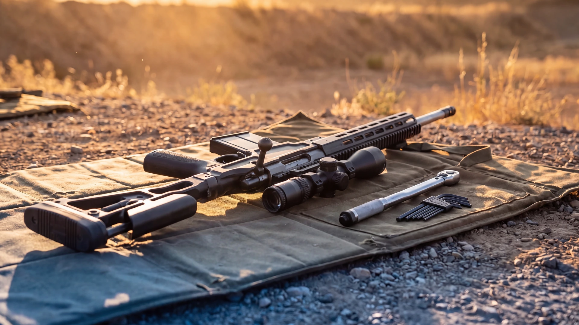 Bolt-action rifle in an aluminum chassis lying on a shooting mat beside a torque wrench and hex keys at golden hour