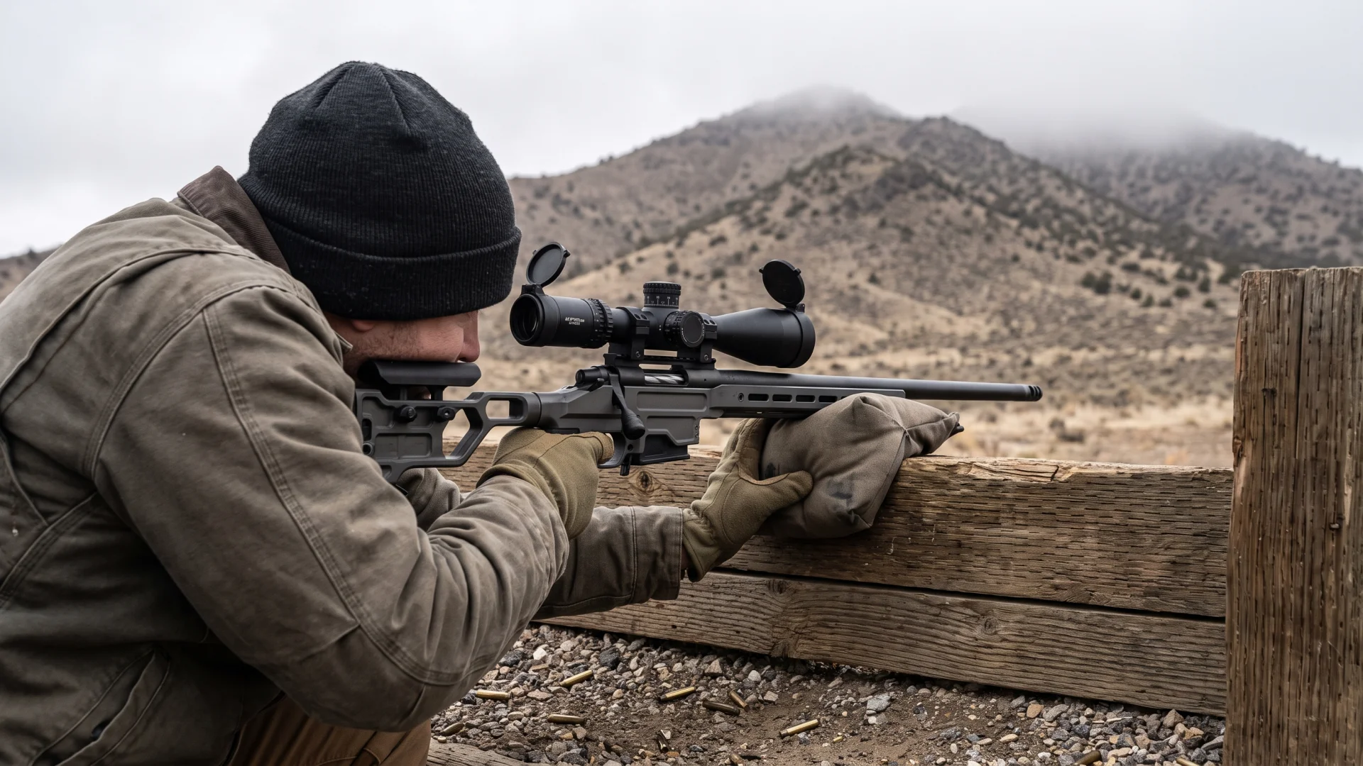 Precision rifle shooter braced over a wooden barricade with a support bag on an overcast desert range