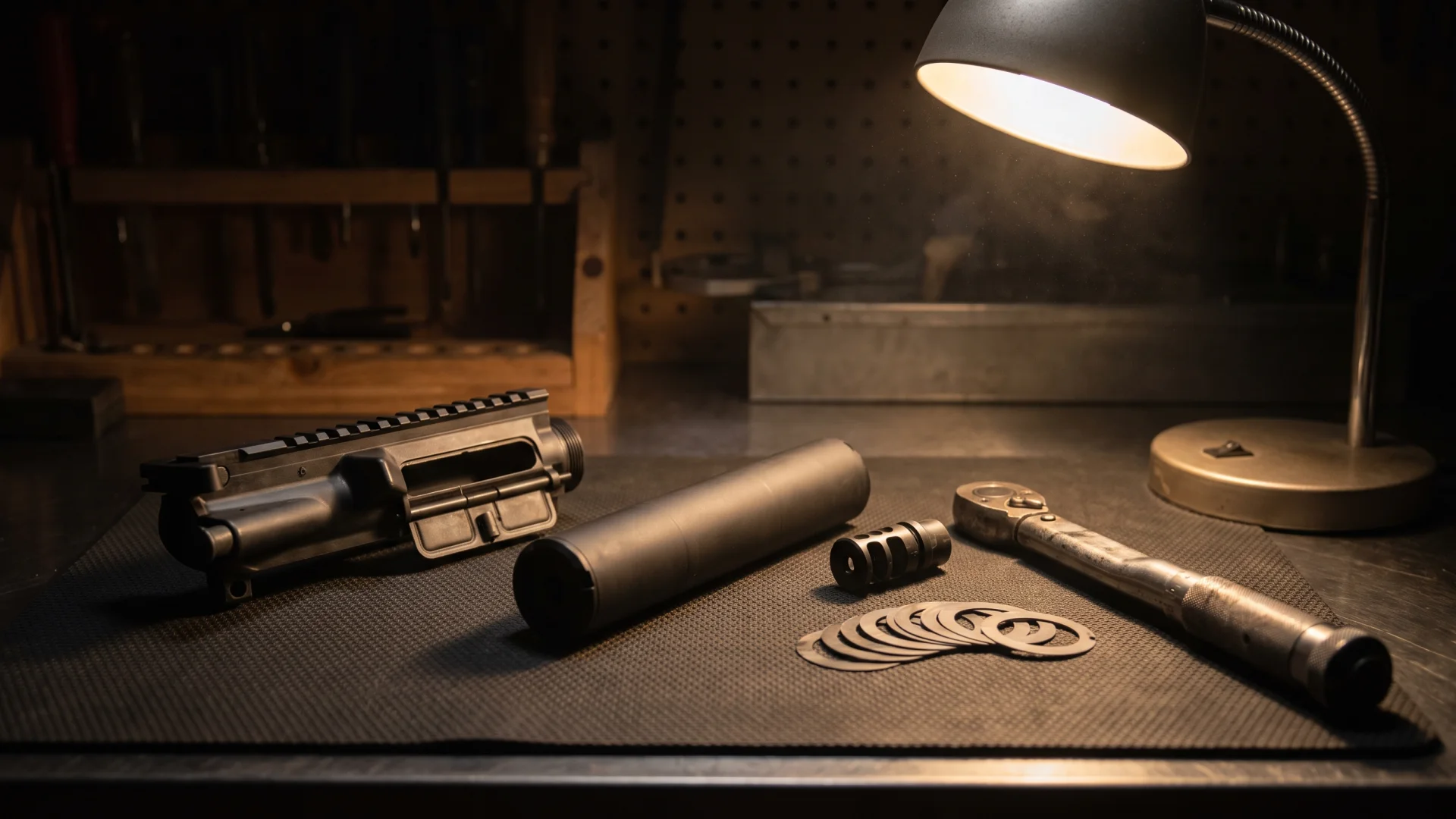 Stripped AR-15 upper receiver, an unmounted rifle suppressor, muzzle brake, shims, and a torque wrench on an armorer's bench under lamp light