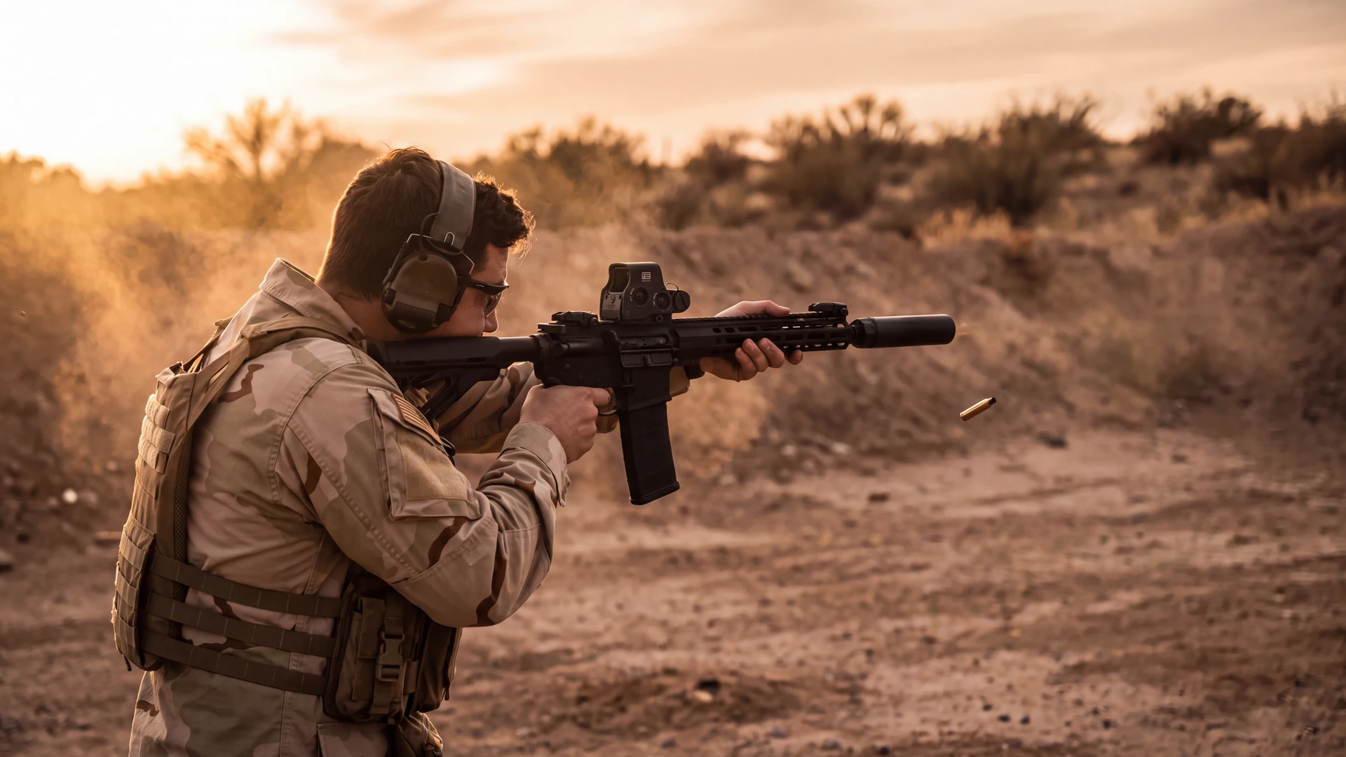 Shooter firing a suppressed AR-15 carbine at a desert range in low evening light with a spent case in the air