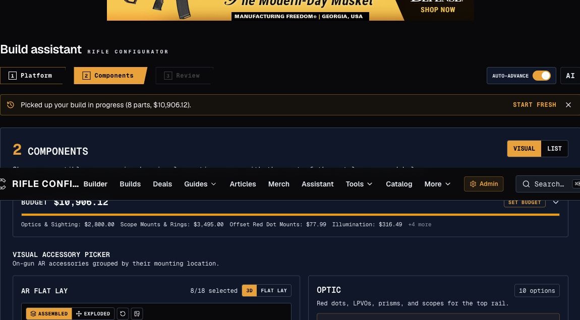 Rifle Configurator's firearm build planning interface